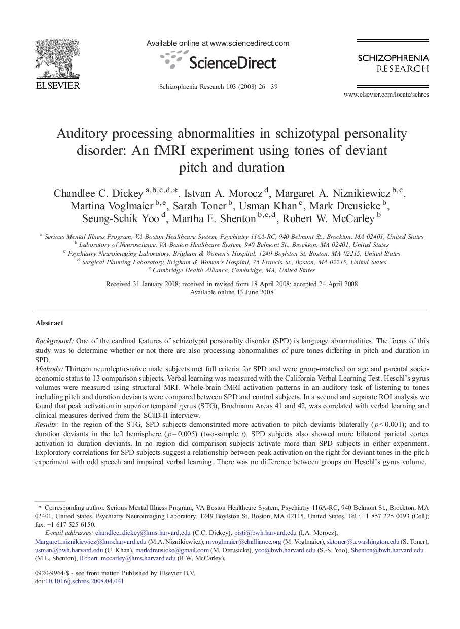 Auditory processing abnormalities in schizotypal personality disorder: An fMRI experiment using tones of deviant pitch and duration