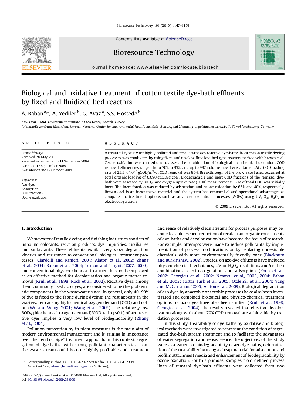 عکس صفحه اول مقاله: Biological and oxidative treatment of cotton textile dye-bath effluents by fixed and fluidized bed reactors Biological and oxidative treatment of cotton textile dye-bath effluents by fixed and fluidized bed reactors