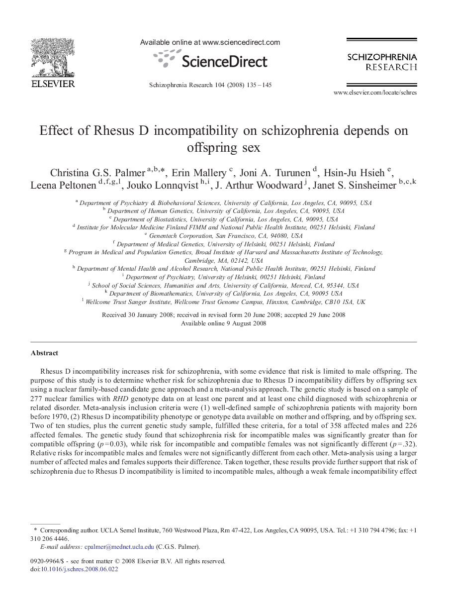 Effect of Rhesus D incompatibility on schizophrenia depends on offspring sex