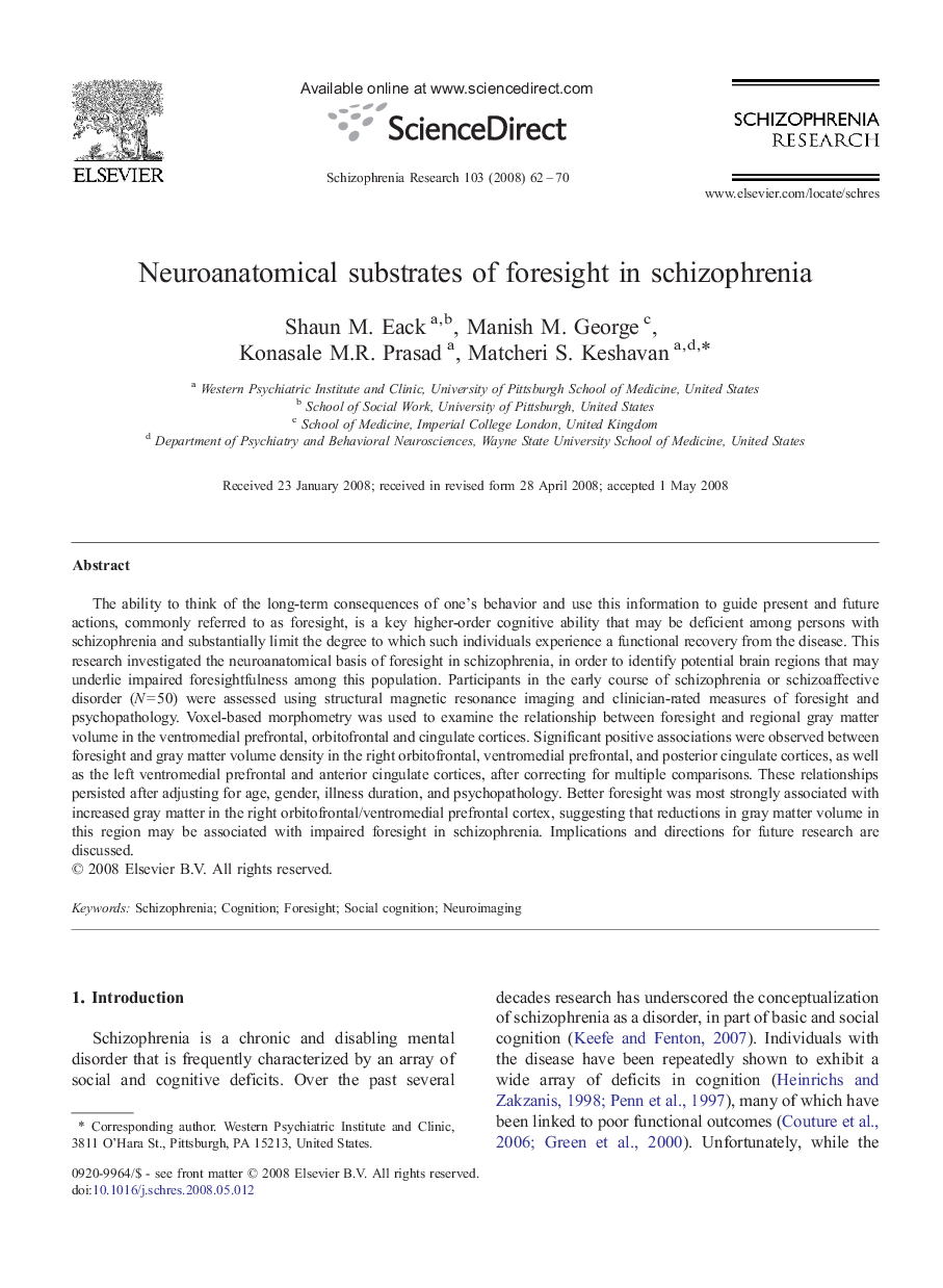 Neuroanatomical substrates of foresight in schizophrenia