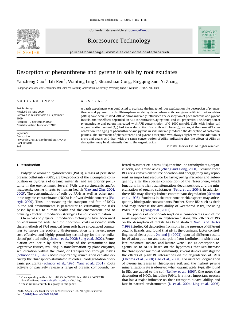 Desorption of phenanthrene and pyrene in soils by root exudates