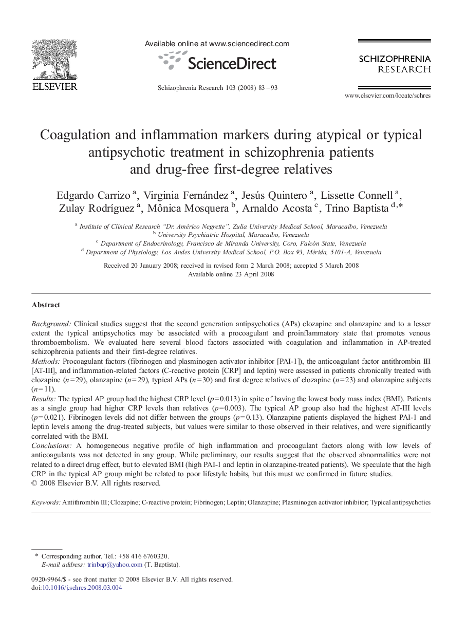 Coagulation and inflammation markers during atypical or typical antipsychotic treatment in schizophrenia patients and drug-free first-degree relatives