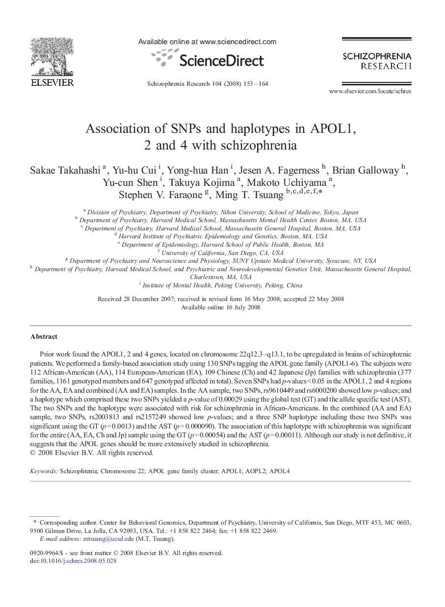 Association of SNPs and haplotypes in APOL1, 2 and 4 with schizophrenia