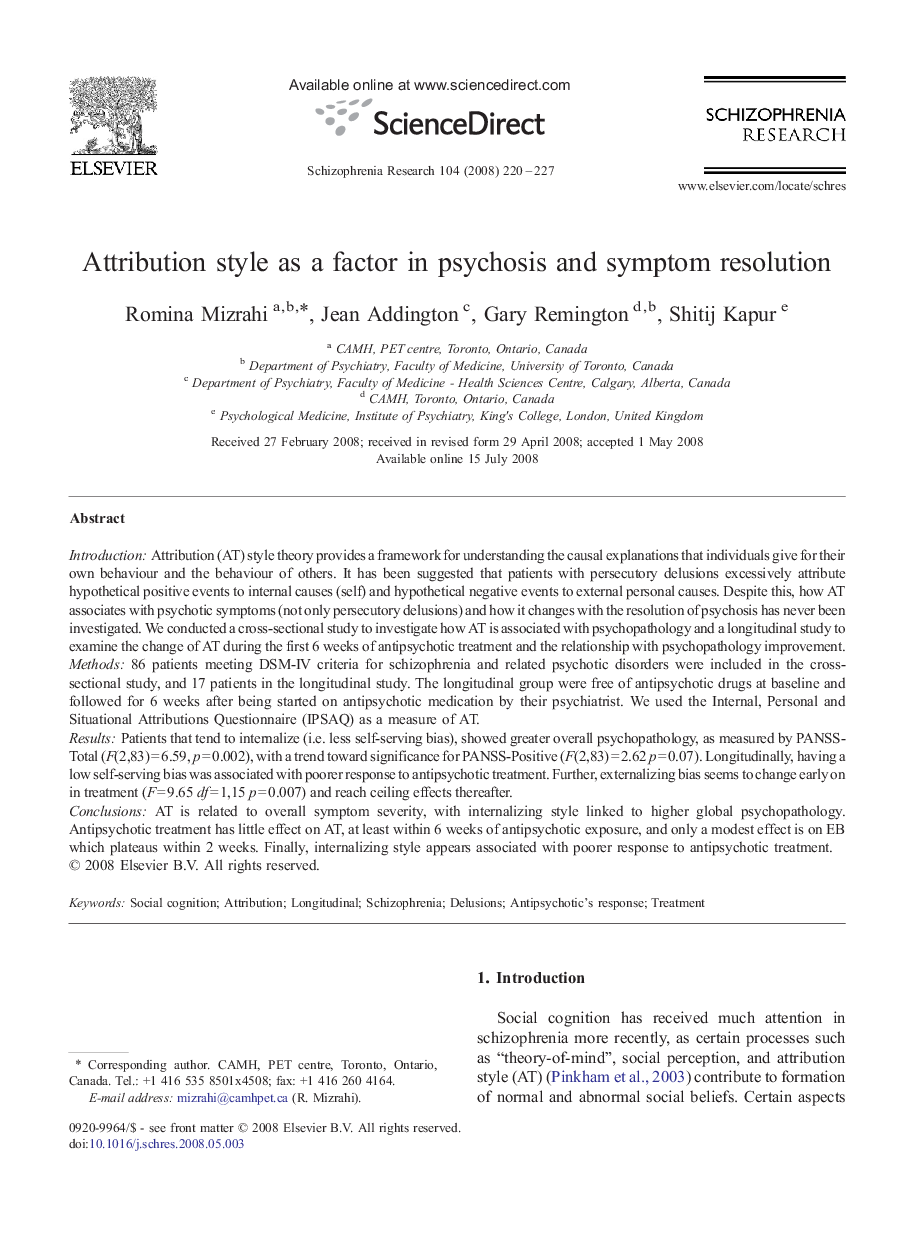 Attribution style as a factor in psychosis and symptom resolution