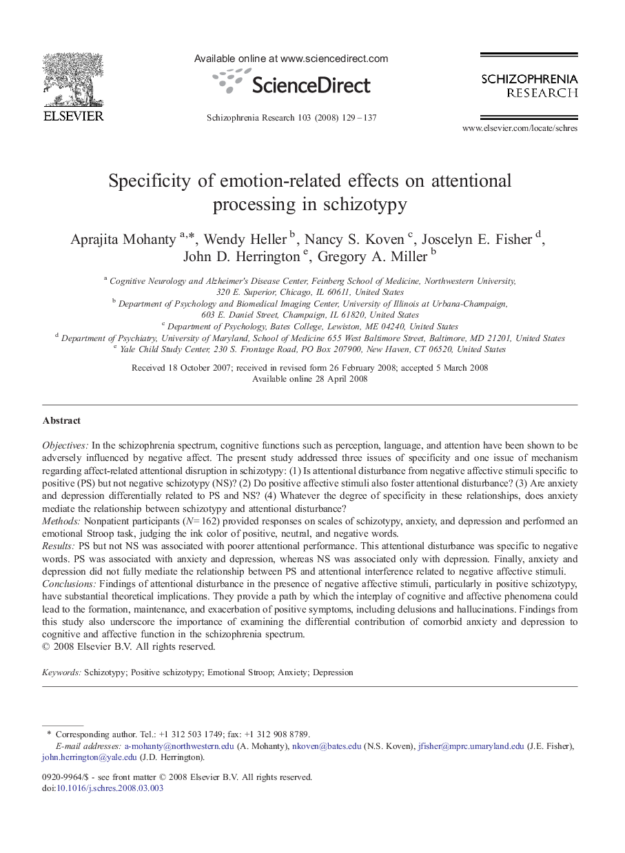 Specificity of emotion-related effects on attentional processing in schizotypy