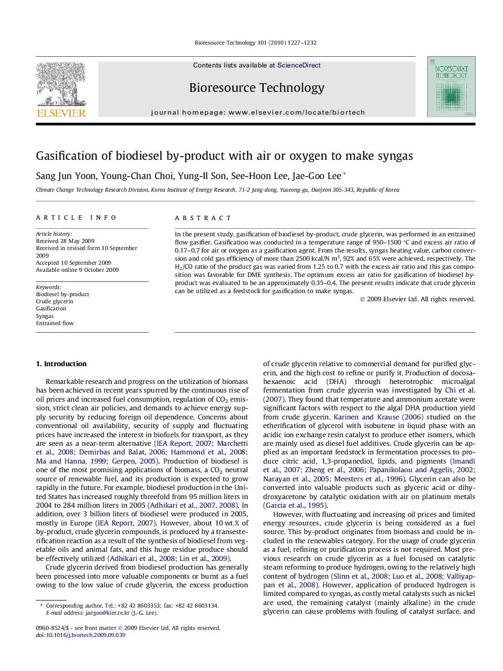 عکس صفحه اول مقاله: Gasification of biodiesel by-product with air or oxygen to make syngas Gasification of biodiesel by-product with air or oxygen to make syngas