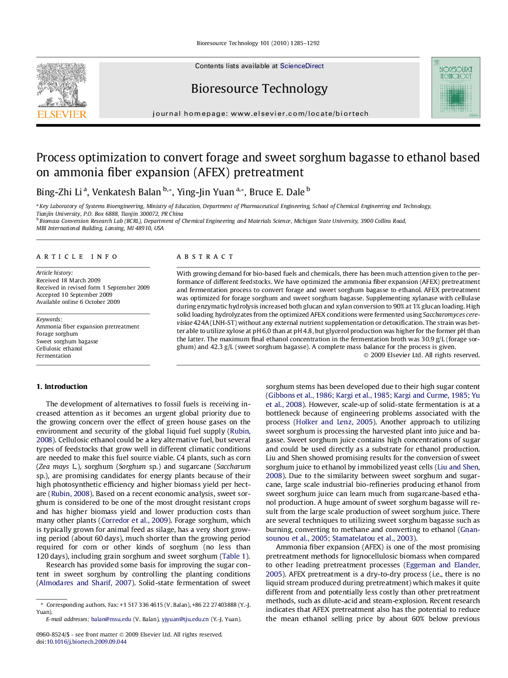 Process optimization to convert forage and sweet sorghum bagasse to ethanol based on ammonia fiber expansion (AFEX) pretreatment