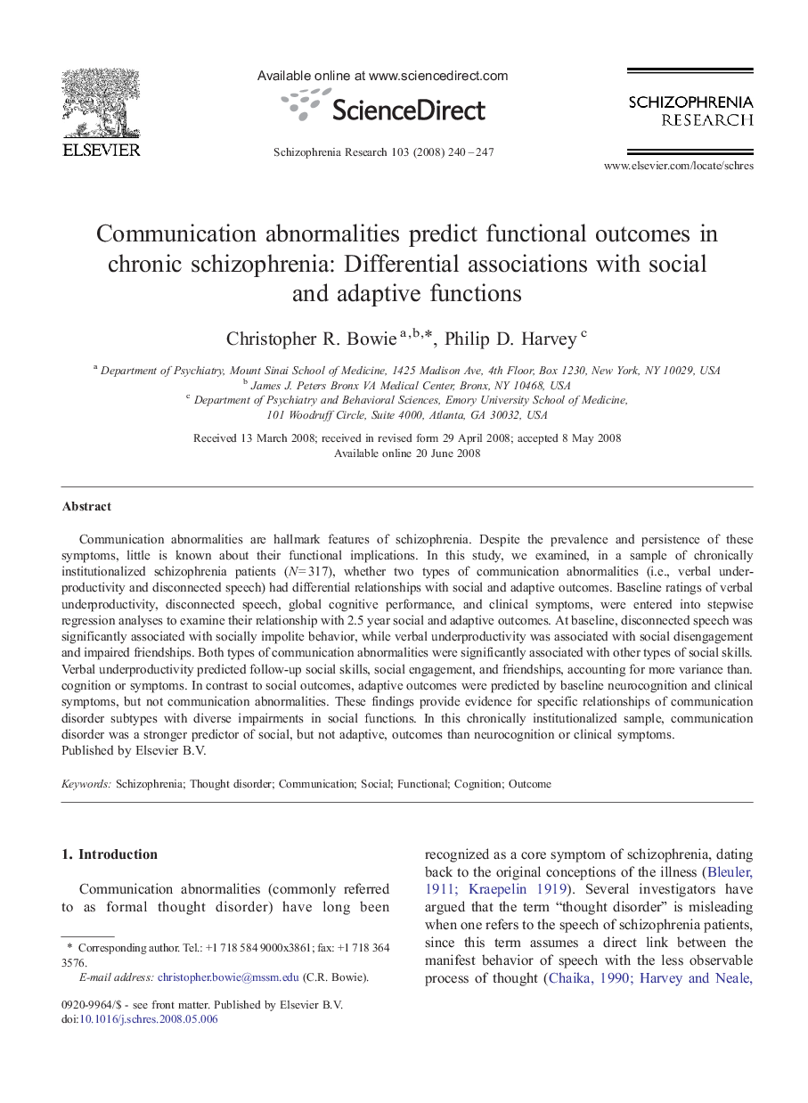 Communication abnormalities predict functional outcomes in chronic schizophrenia: Differential associations with social and adaptive functions