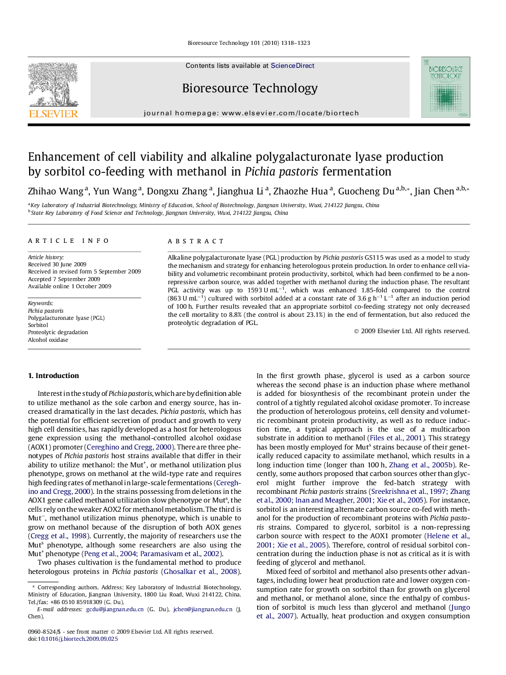 Enhancement of cell viability and alkaline polygalacturonate lyase production by sorbitol co-feeding with methanol in Pichia pastoris fermentation