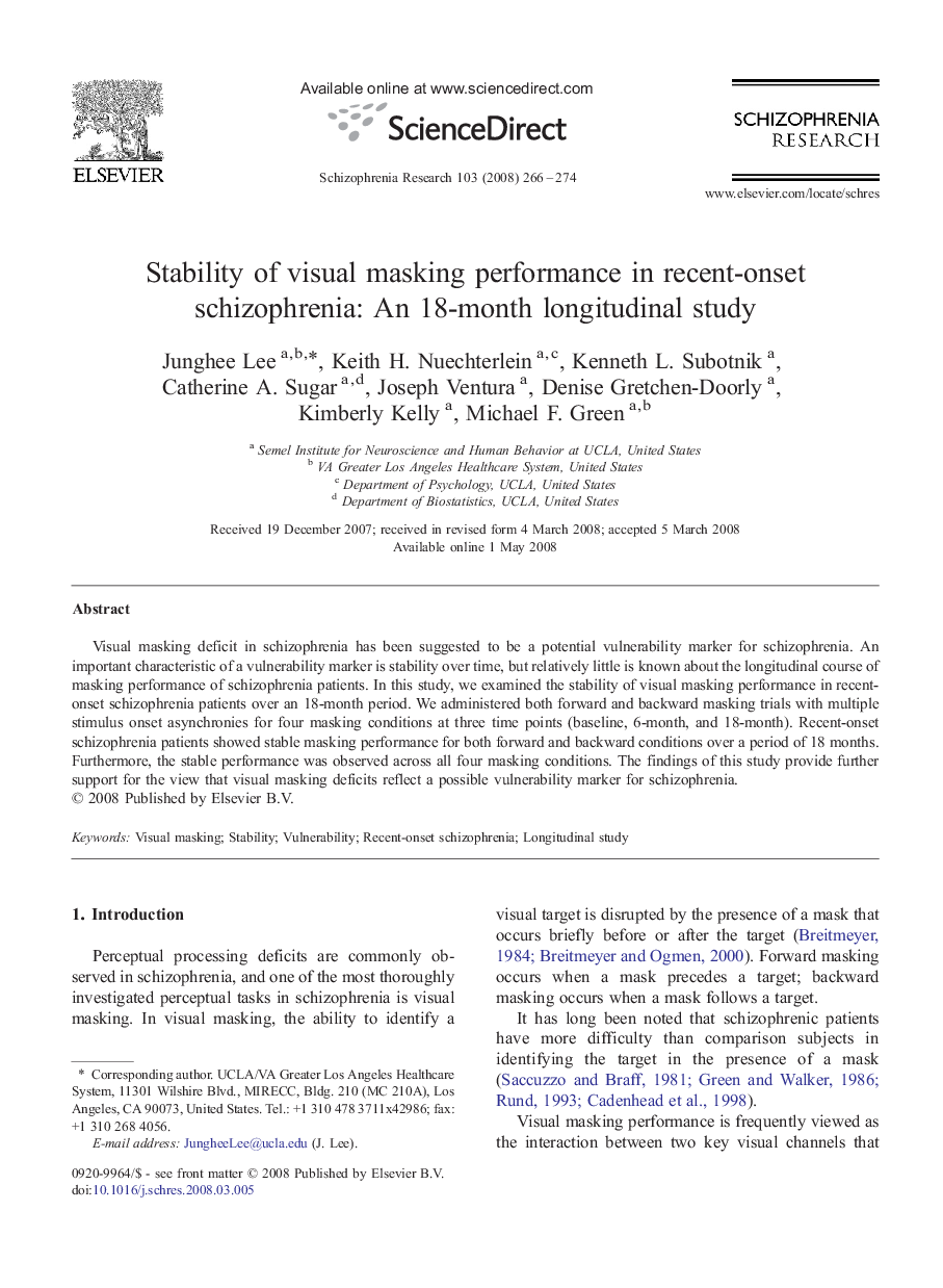 Stability of visual masking performance in recent-onset schizophrenia: An 18-month longitudinal study