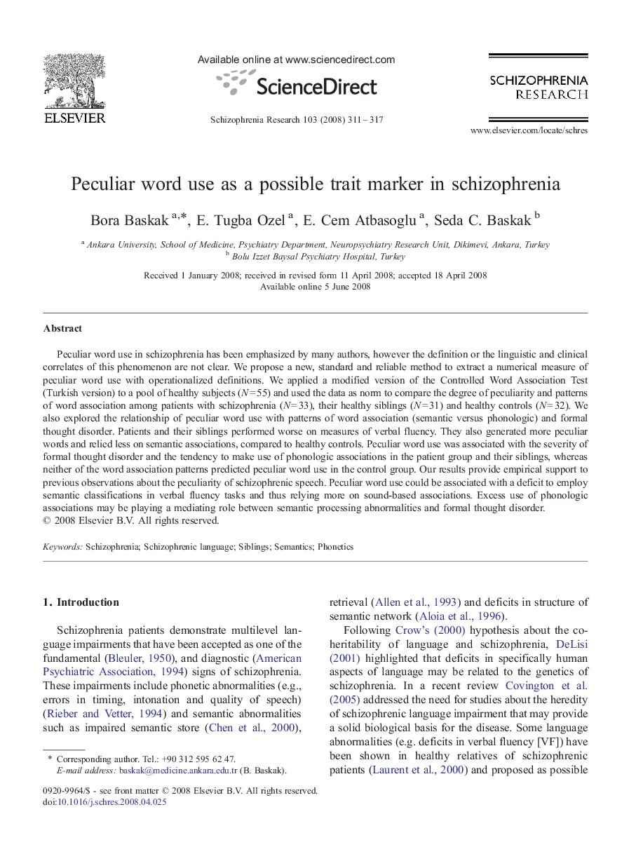 Peculiar word use as a possible trait marker in schizophrenia