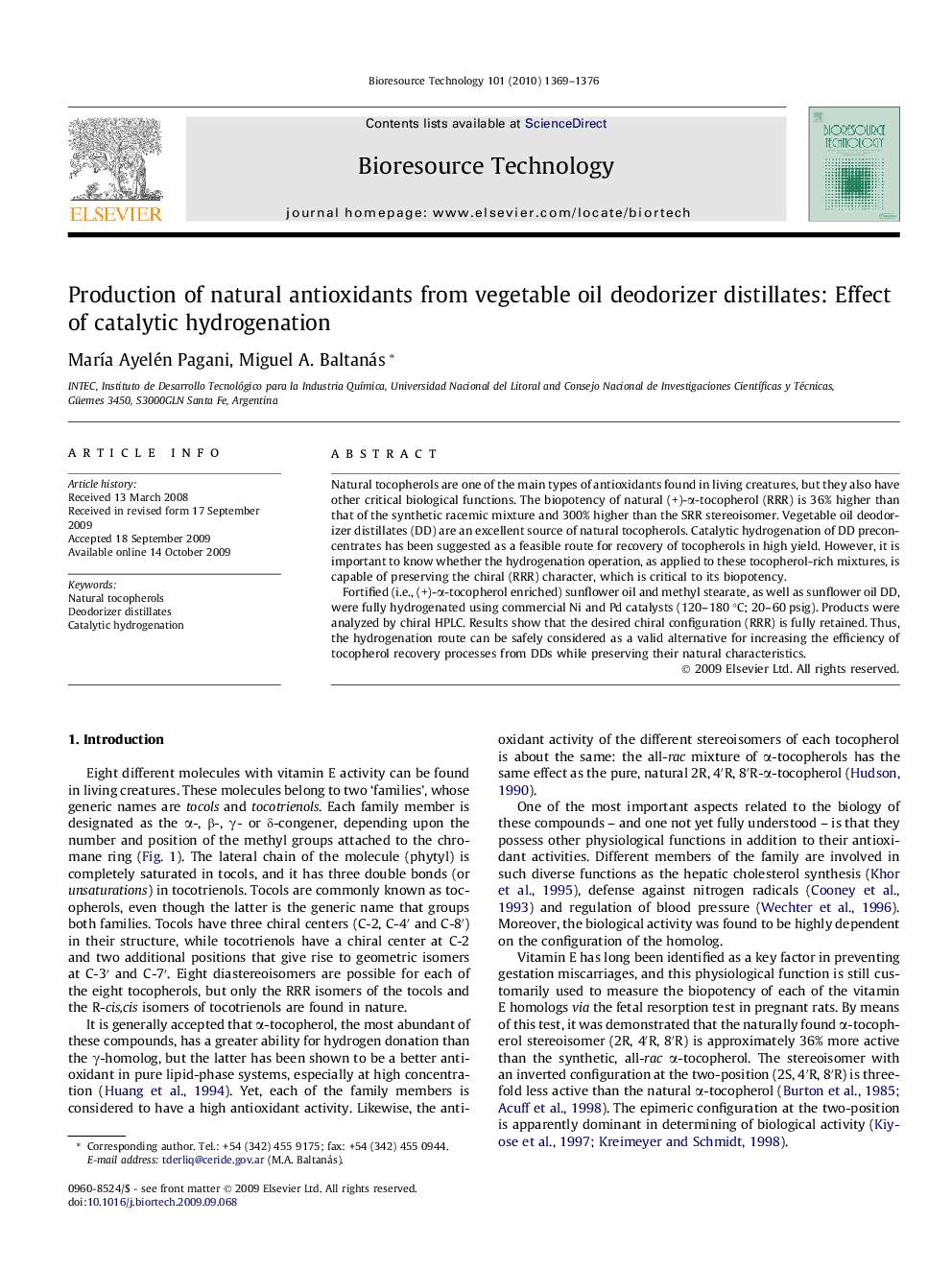 Production of natural antioxidants from vegetable oil deodorizer distillates: Effect of catalytic hydrogenation