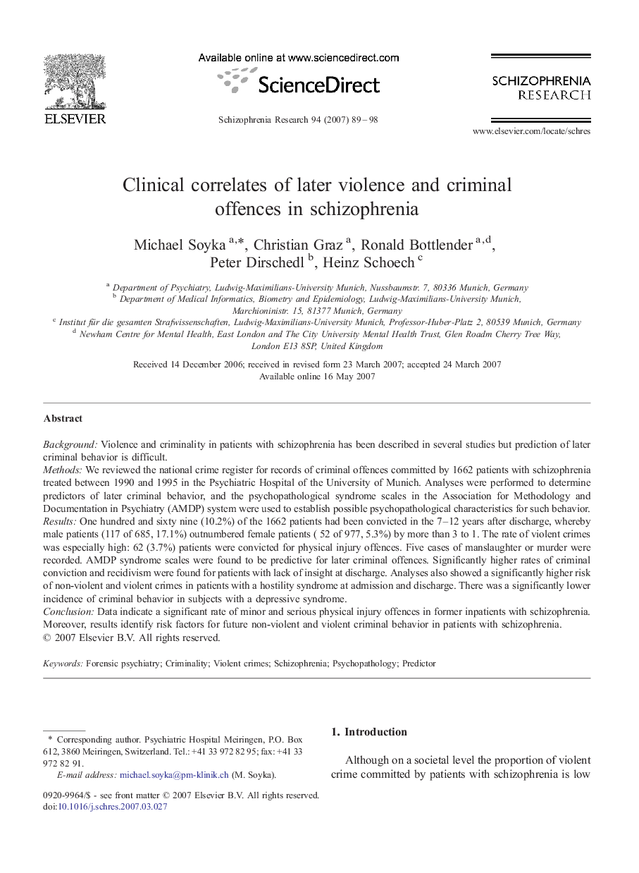 Clinical correlates of later violence and criminal offences in schizophrenia