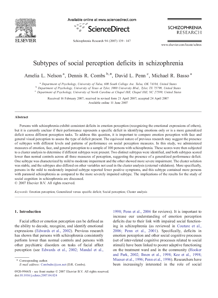 Subtypes of social perception deficits in schizophrenia