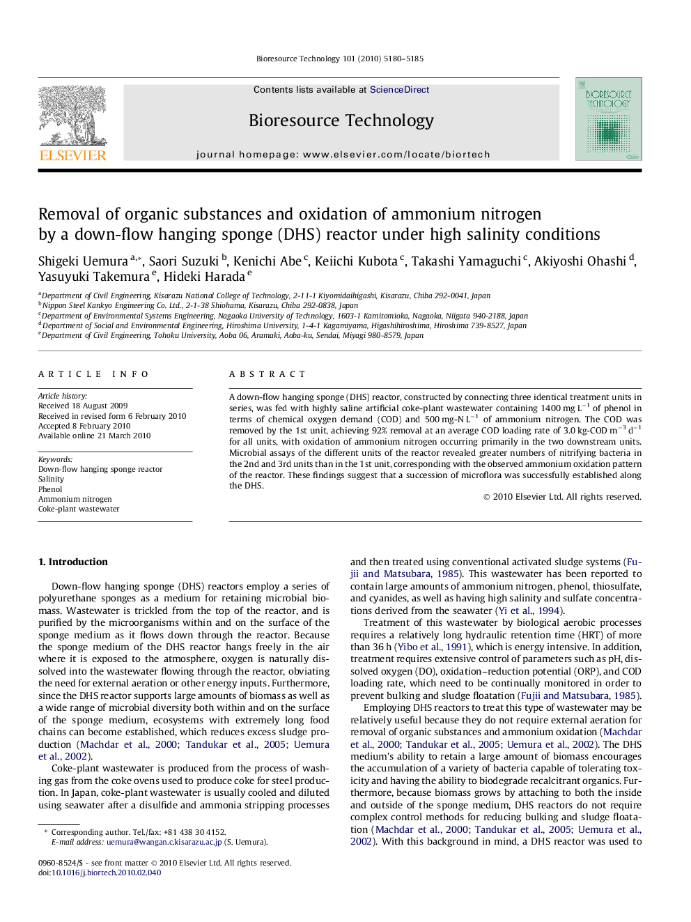 Removal of organic substances and oxidation of ammonium nitrogen by a down-flow hanging sponge (DHS) reactor under high salinity conditions