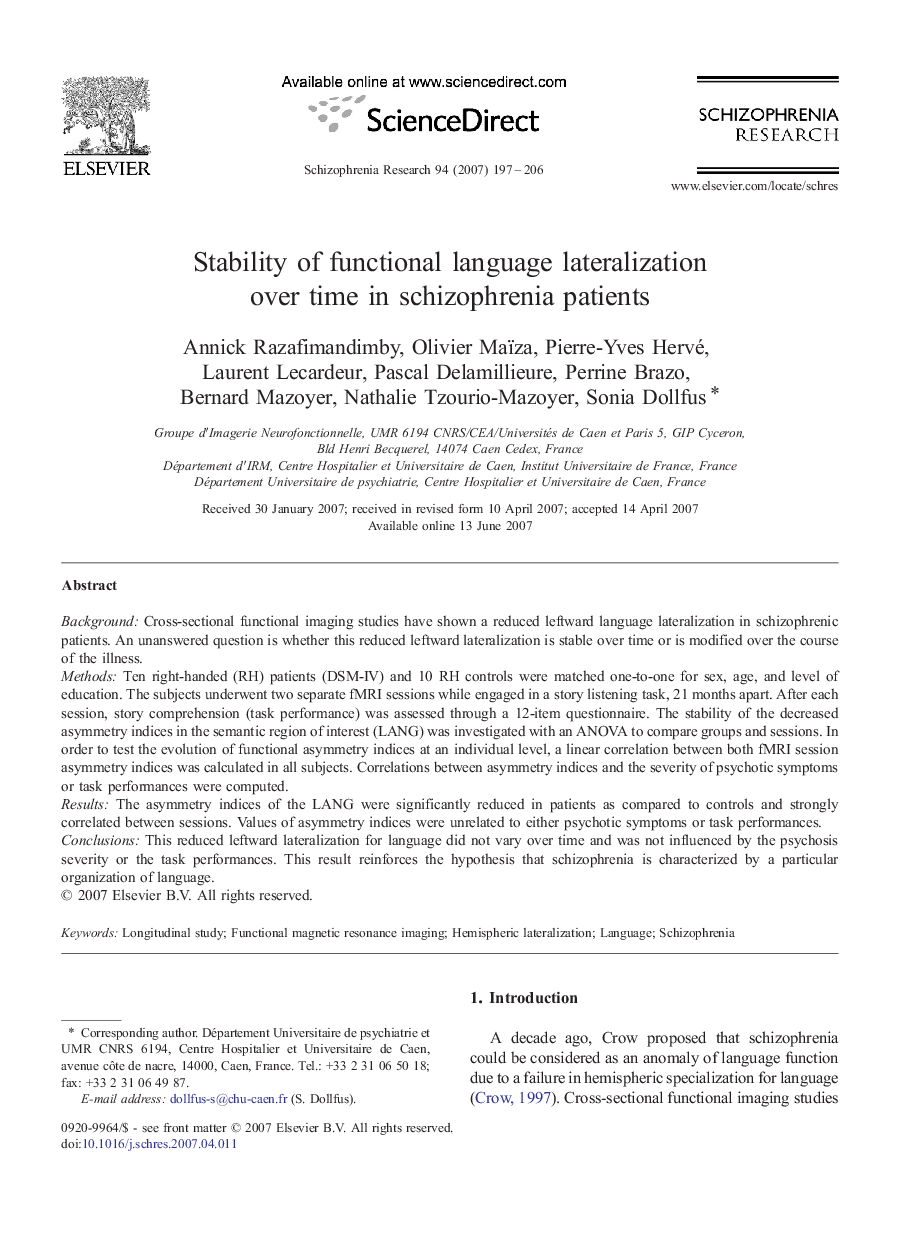 Stability of functional language lateralization over time in schizophrenia patients