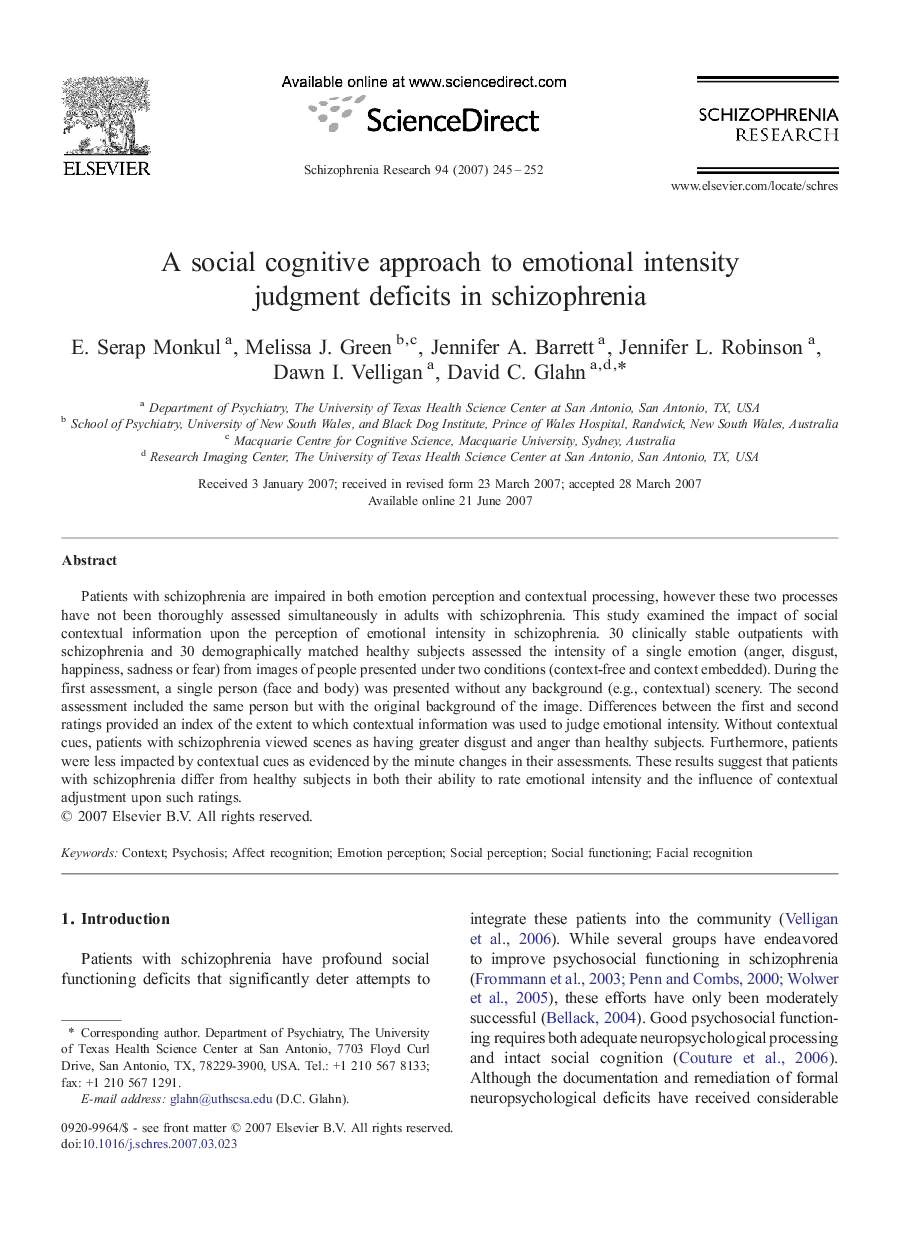 A social cognitive approach to emotional intensity judgment deficits in schizophrenia