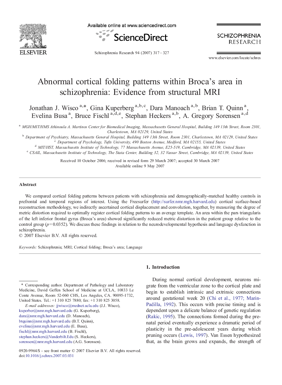 Abnormal cortical folding patterns within Broca's area in schizophrenia: Evidence from structural MRI