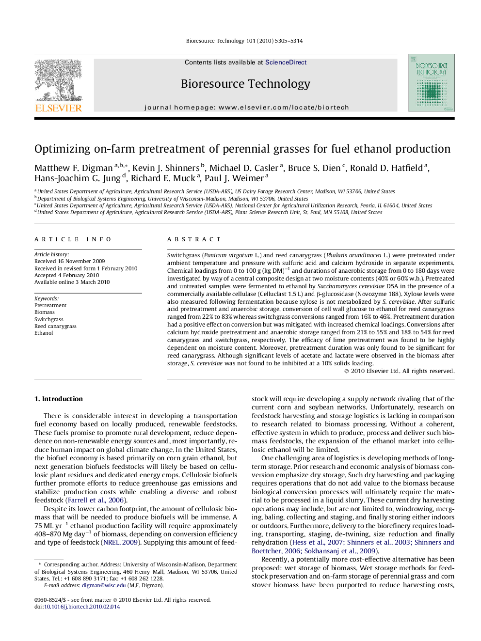 Optimizing on-farm pretreatment of perennial grasses for fuel ethanol production