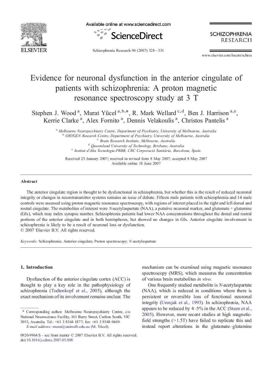 Evidence for neuronal dysfunction in the anterior cingulate of patients with schizophrenia: A proton magnetic resonance spectroscopy study at 3Â T