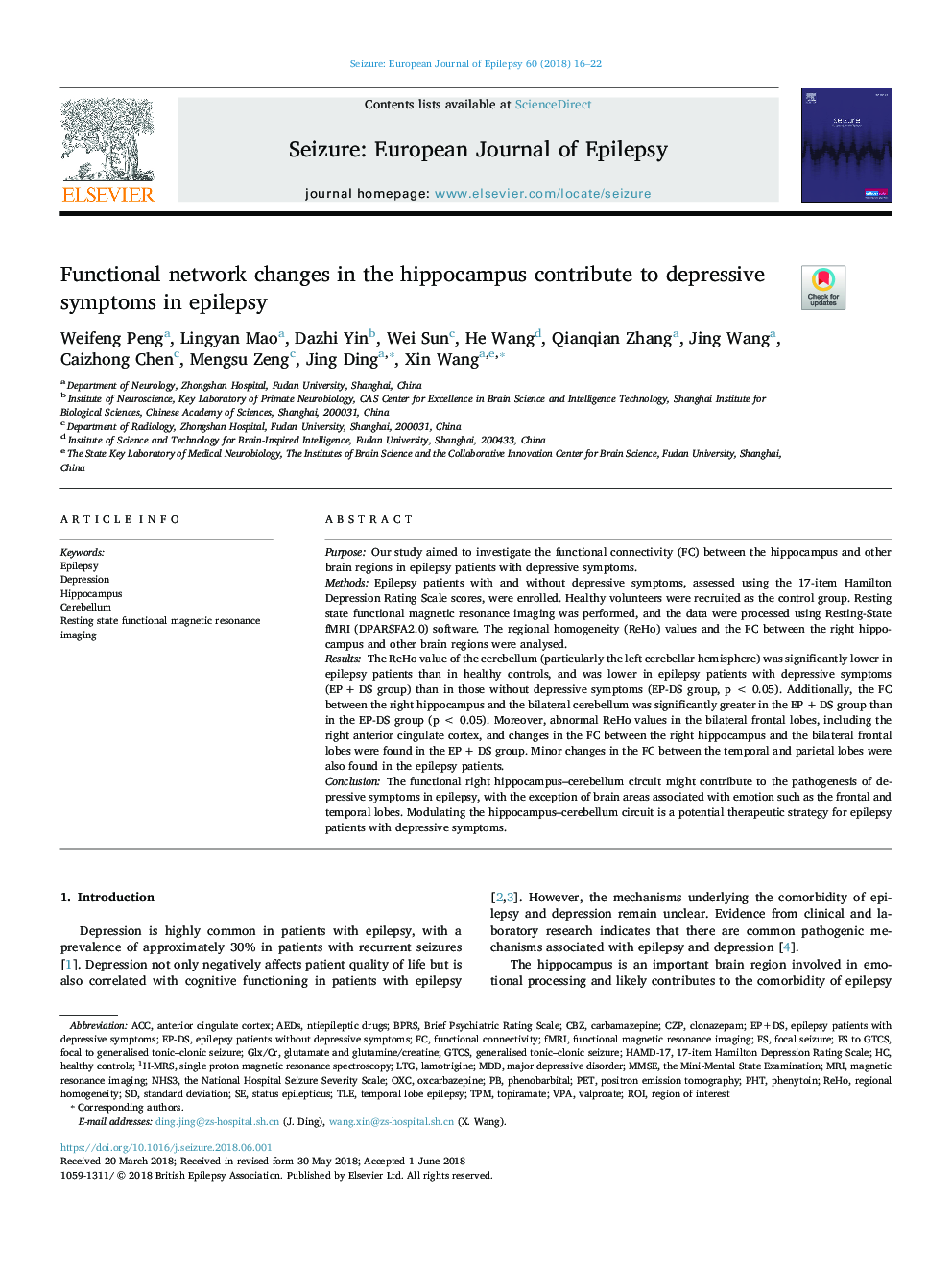 Functional network changes in the hippocampus contribute to depressive symptoms in epilepsy