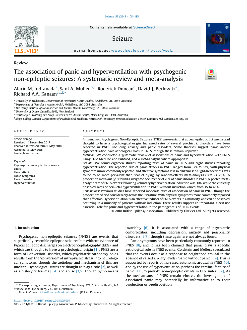 The association of panic and hyperventilation with psychogenic non-epileptic seizures: A systematic review and meta-analysis