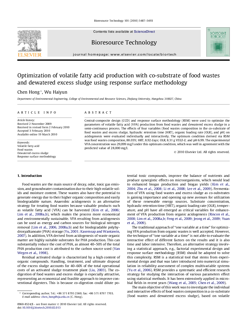 Optimization of volatile fatty acid production with co-substrate of food wastes and dewatered excess sludge using response surface methodology