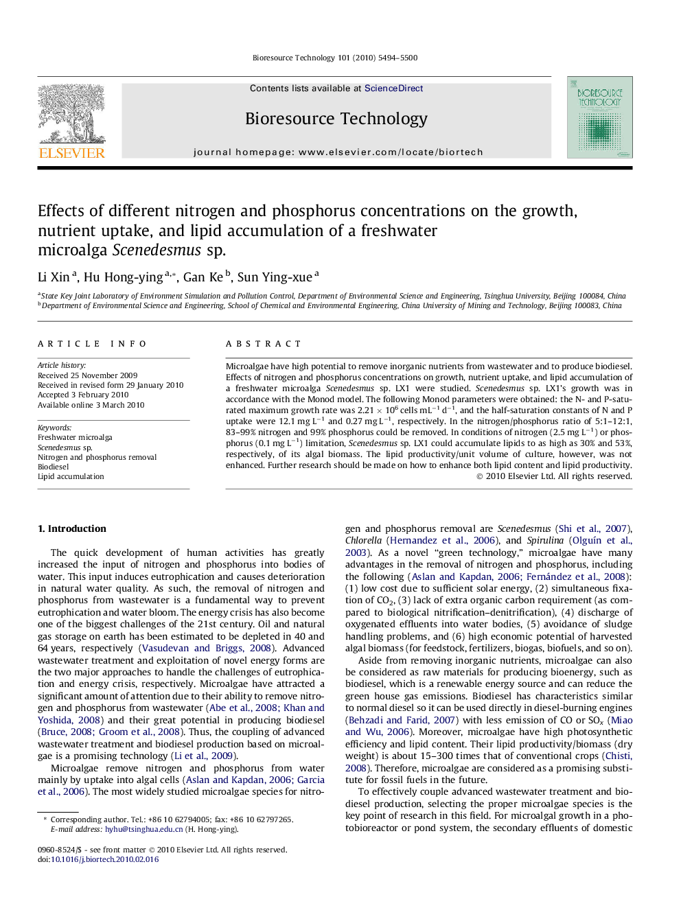 Effects of different nitrogen and phosphorus concentrations on the growth, nutrient uptake, and lipid accumulation of a freshwater microalga Scenedesmus sp.