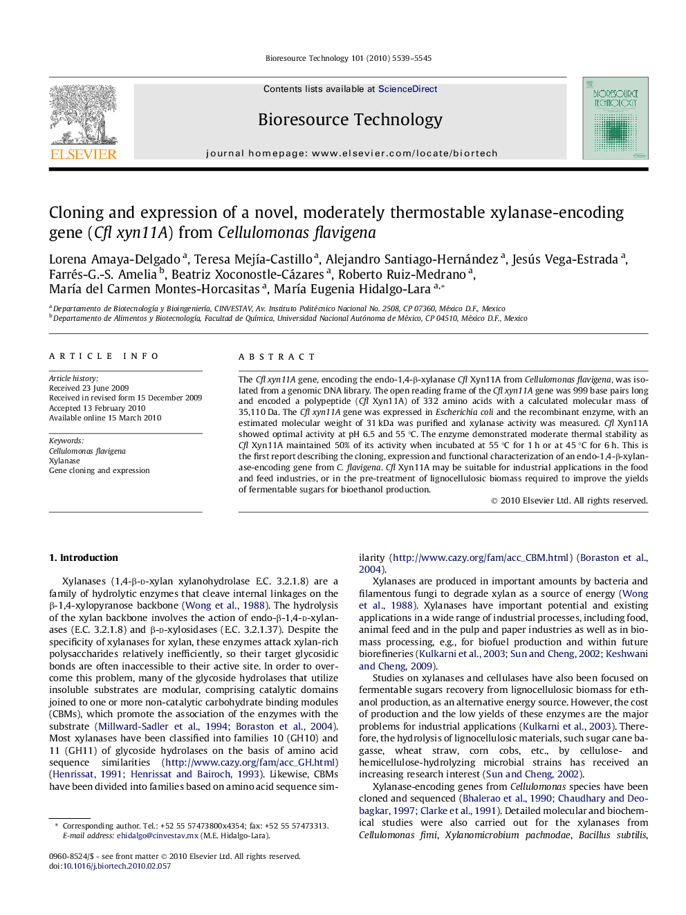 Cloning and expression of a novel, moderately thermostable xylanase-encoding gene (Cfl xyn11A) from Cellulomonas flavigena