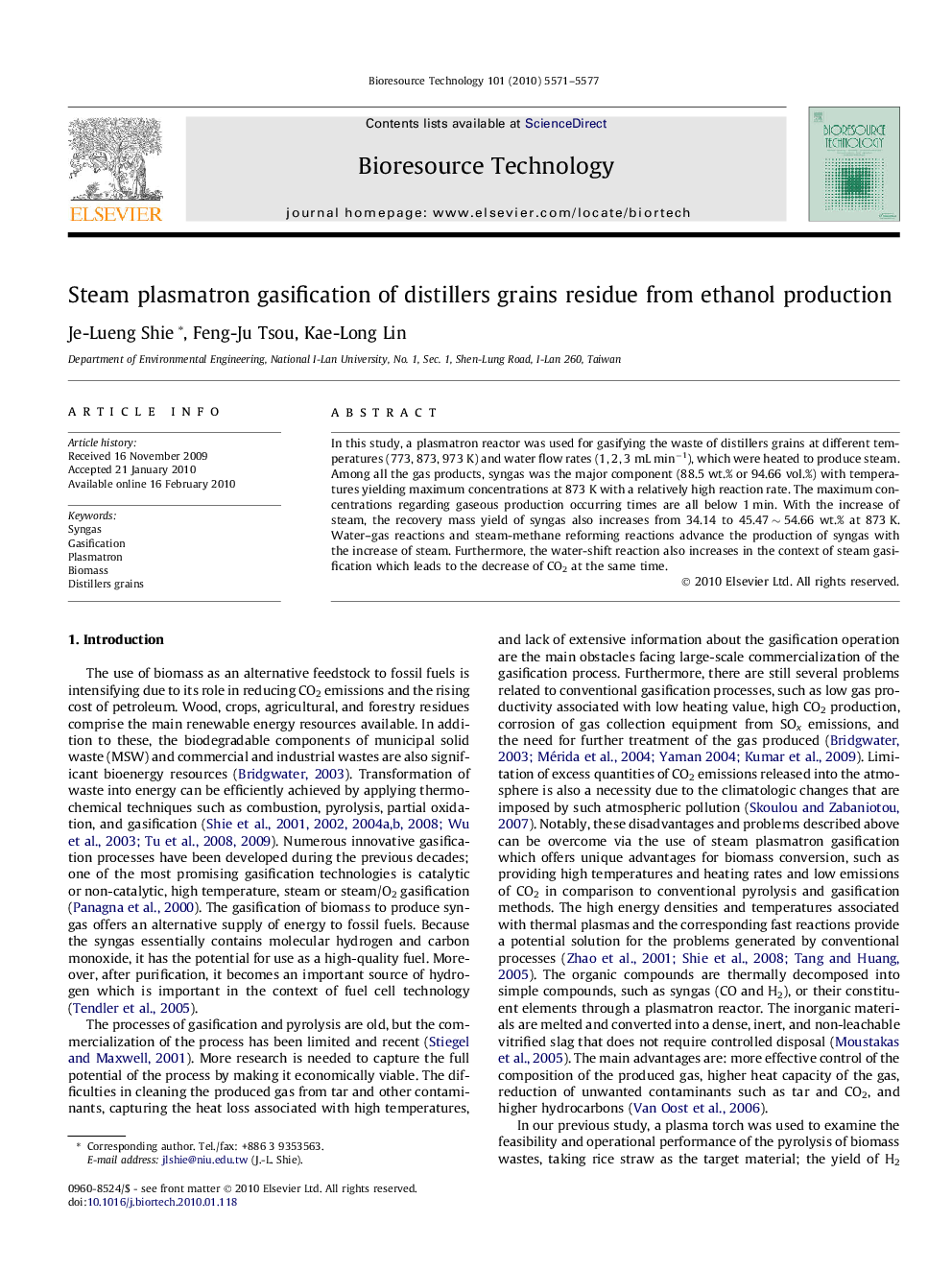 Steam plasmatron gasification of distillers grains residue from ethanol production