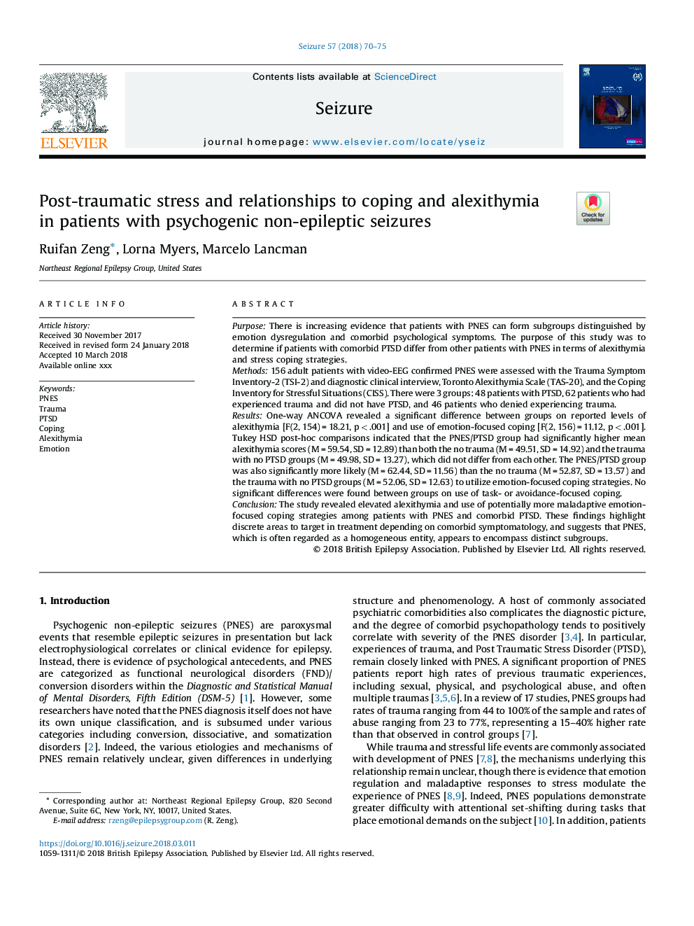 Post-traumatic stress and relationships to coping and alexithymia in patients with psychogenic non-epileptic seizures