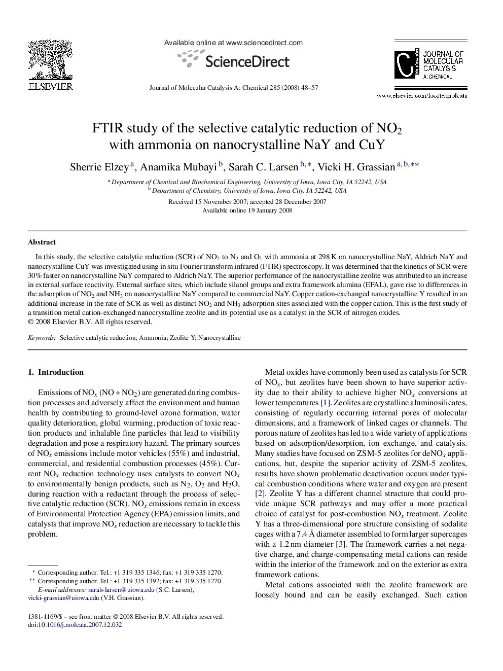 FTIR study of the selective catalytic reduction of NO2 with ammonia on nanocrystalline NaY and CuY