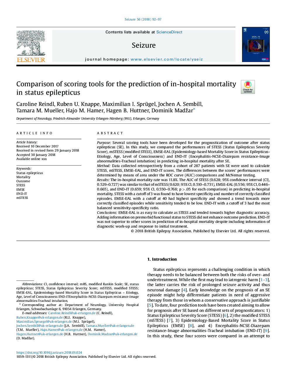Comparison of scoring tools for the prediction of in-hospital mortality in status epilepticus