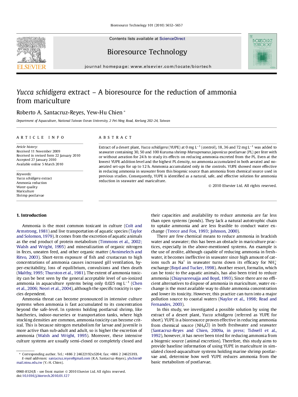 Yuccaschidigera extract – A bioresource for the reduction of ammonia from mariculture