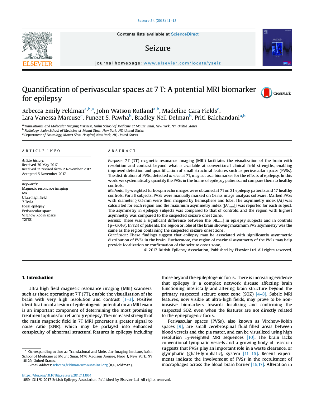 Quantification of perivascular spaces at 7Â T: A potential MRI biomarker for epilepsy