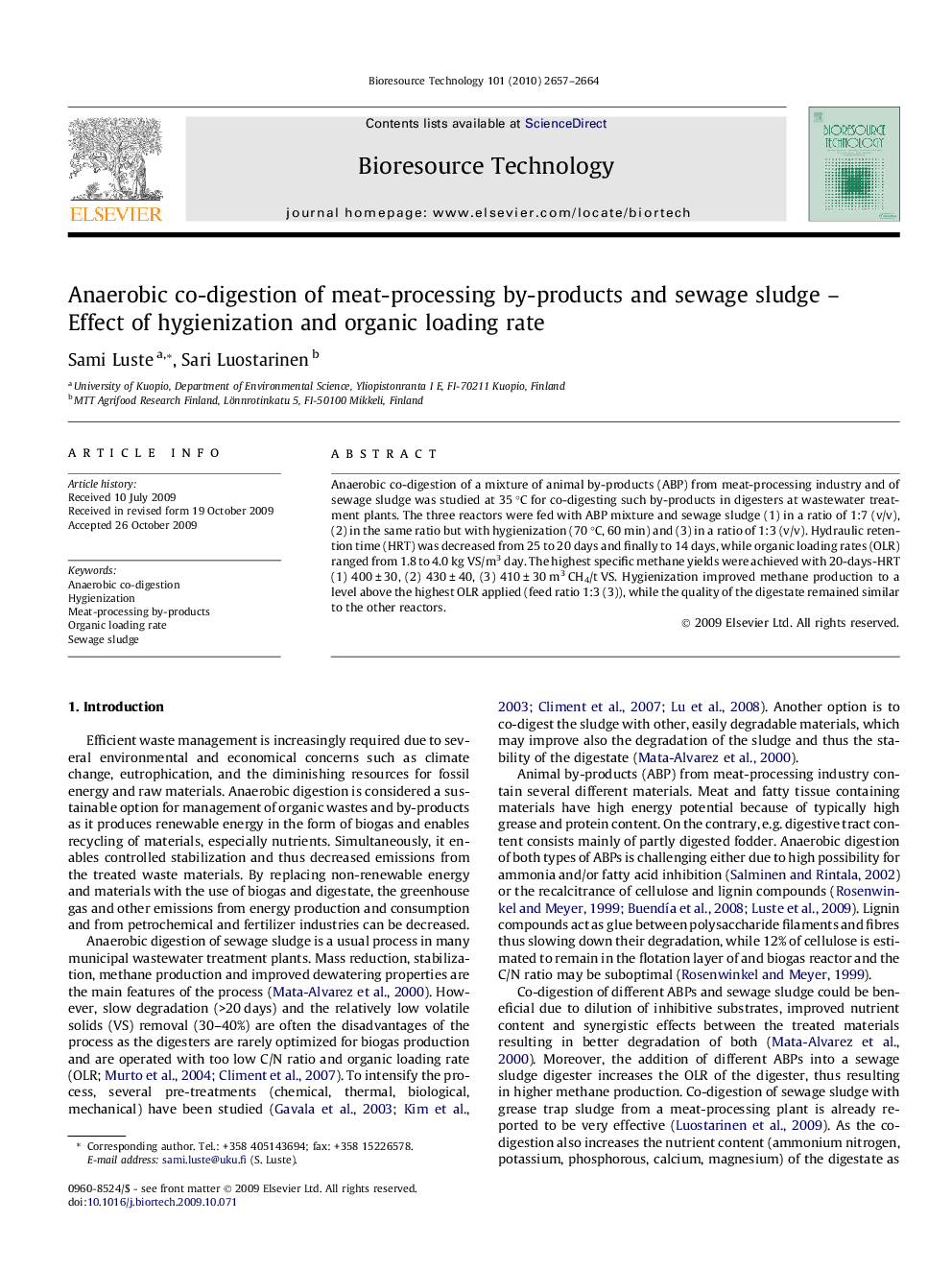 Anaerobic co-digestion of meat-processing by-products and sewage sludge – Effect of hygienization and organic loading rate