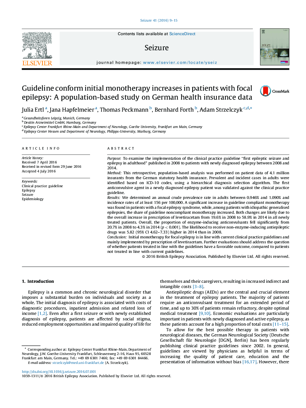 Guideline conform initial monotherapy increases in patients with focal epilepsy: A population-based study on German health insurance data