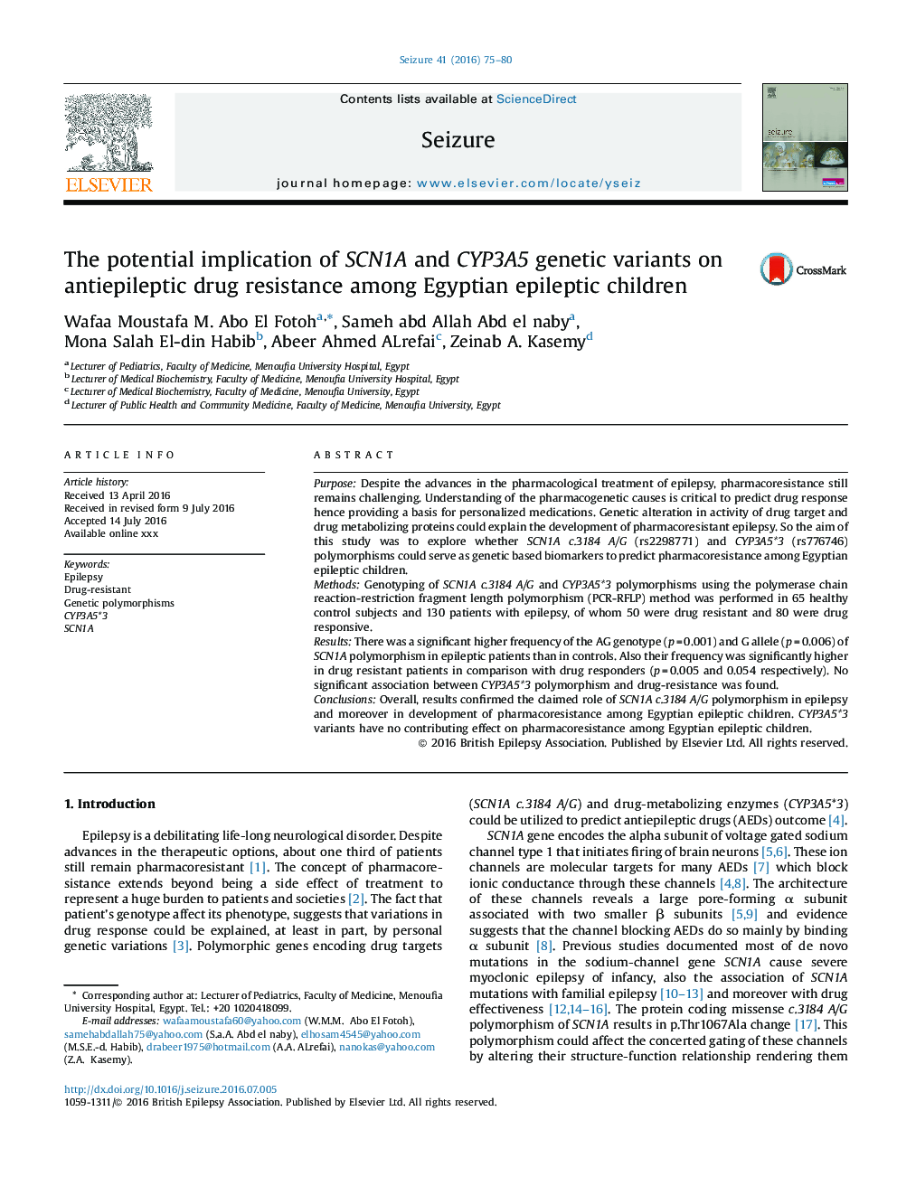 The potential implication of SCN1A and CYP3A5 genetic variants on antiepileptic drug resistance among Egyptian epileptic children