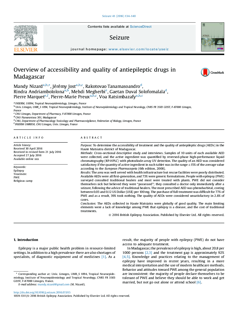 Overview of accessibility and quality of antiepileptic drugs in Madagascar