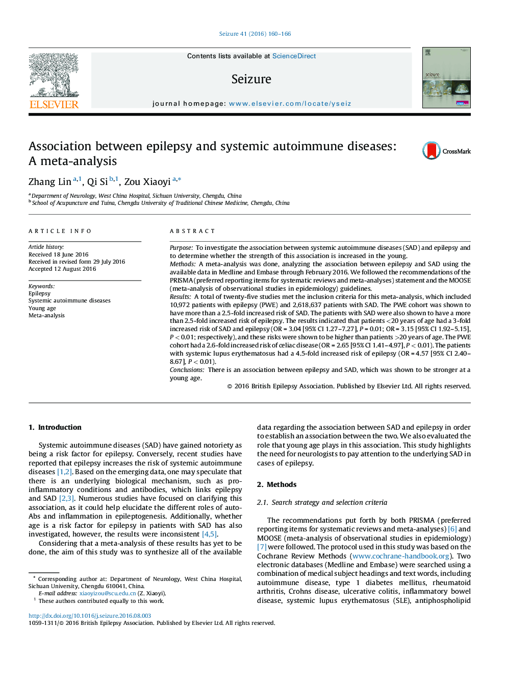 Association between epilepsy and systemic autoimmune diseases: A meta-analysis