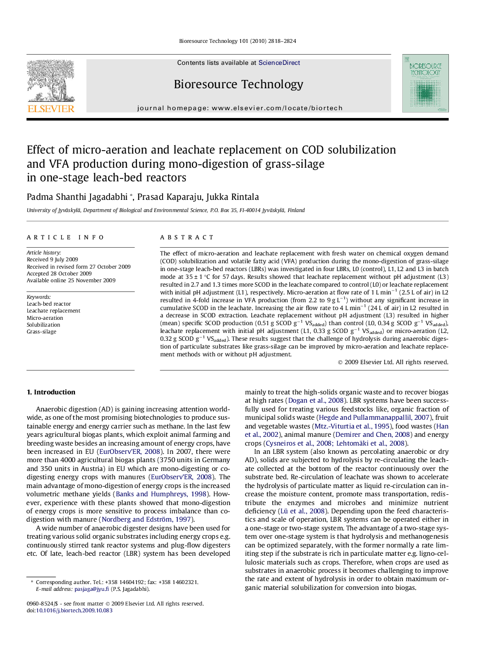 Effect of micro-aeration and leachate replacement on COD solubilization and VFA production during mono-digestion of grass-silage in one-stage leach-bed reactors