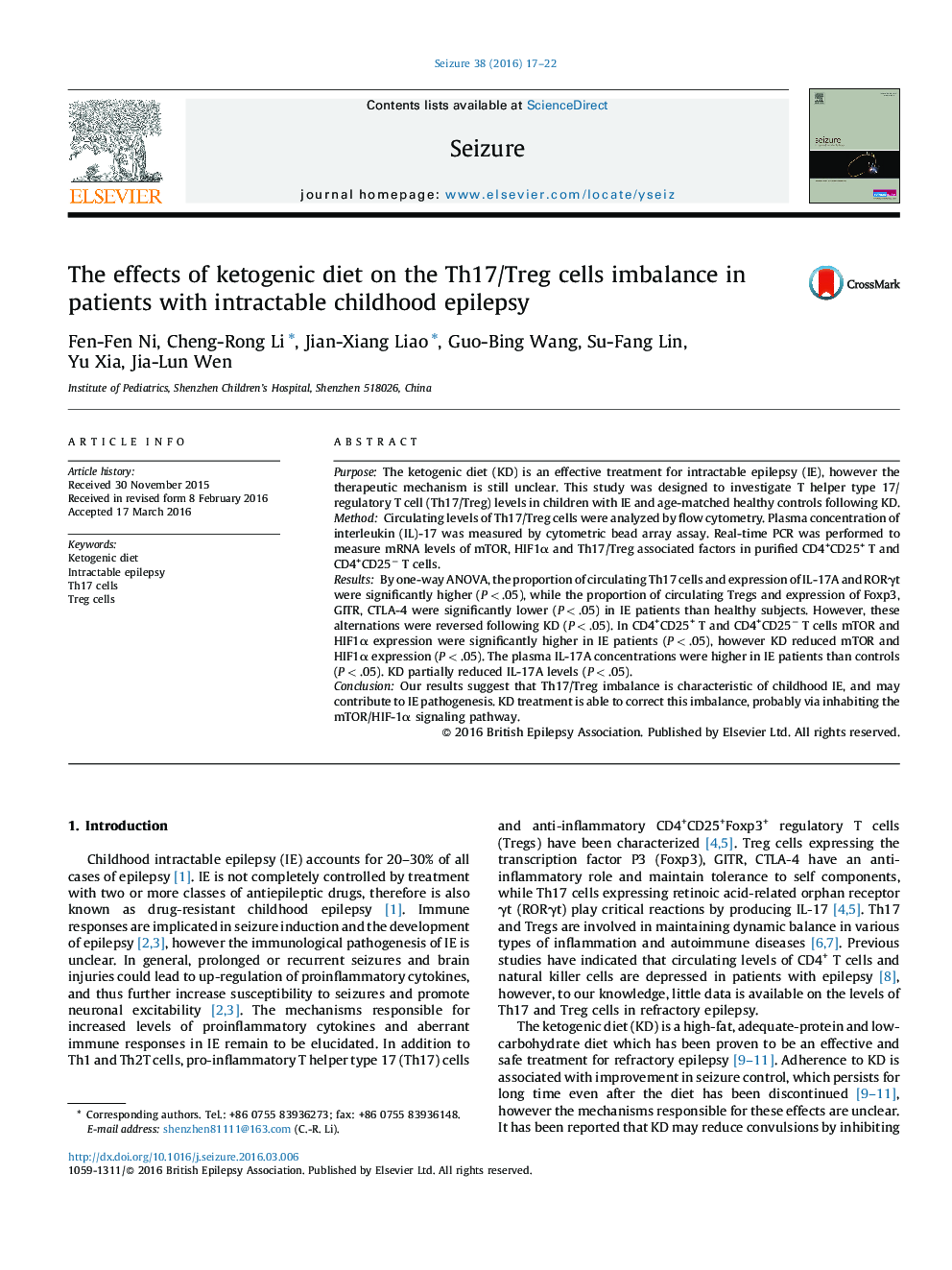 The effects of ketogenic diet on the Th17/Treg cells imbalance in patients with intractable childhood epilepsy