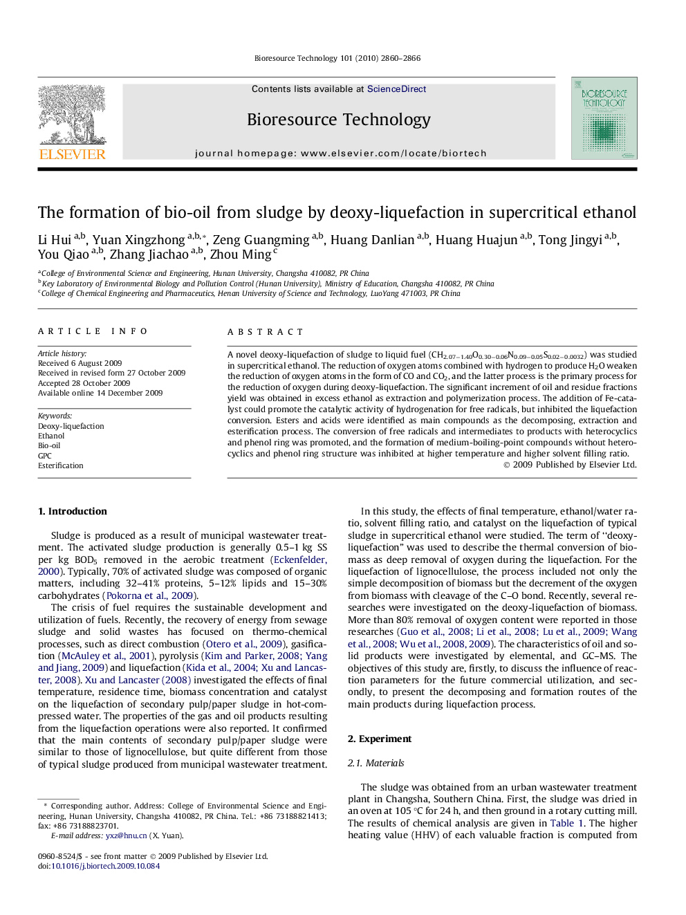 The formation of bio-oil from sludge by deoxy-liquefaction in supercritical ethanol