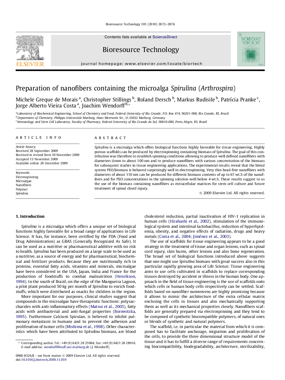 Preparation of nanofibers containing the microalga Spirulina (Arthrospira)