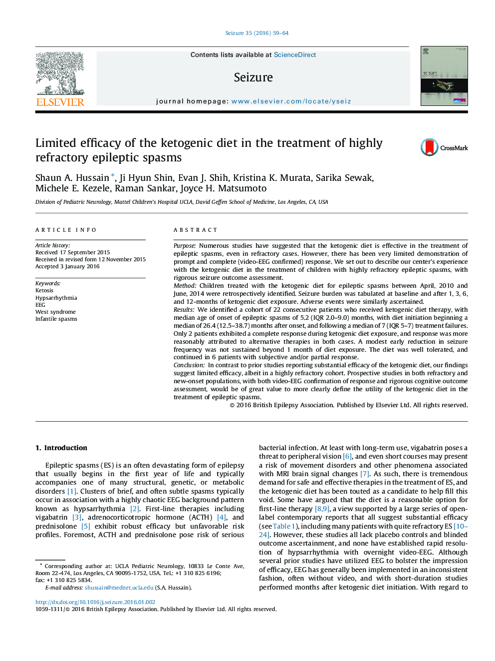 Limited efficacy of the ketogenic diet in the treatment of highly refractory epileptic spasms