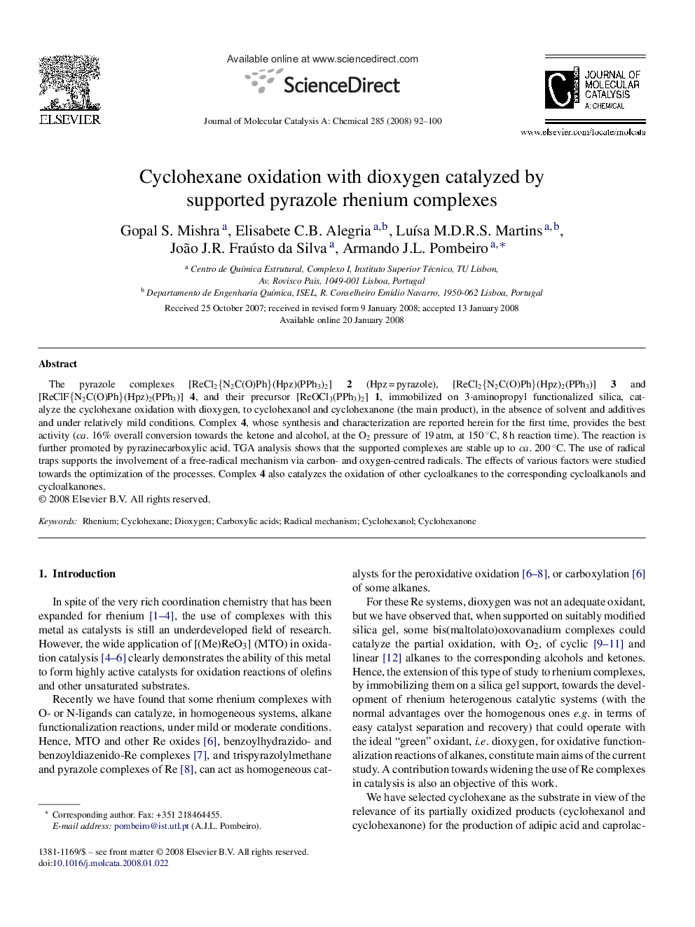 Cyclohexane oxidation with dioxygen catalyzed by supported pyrazole rhenium complexes