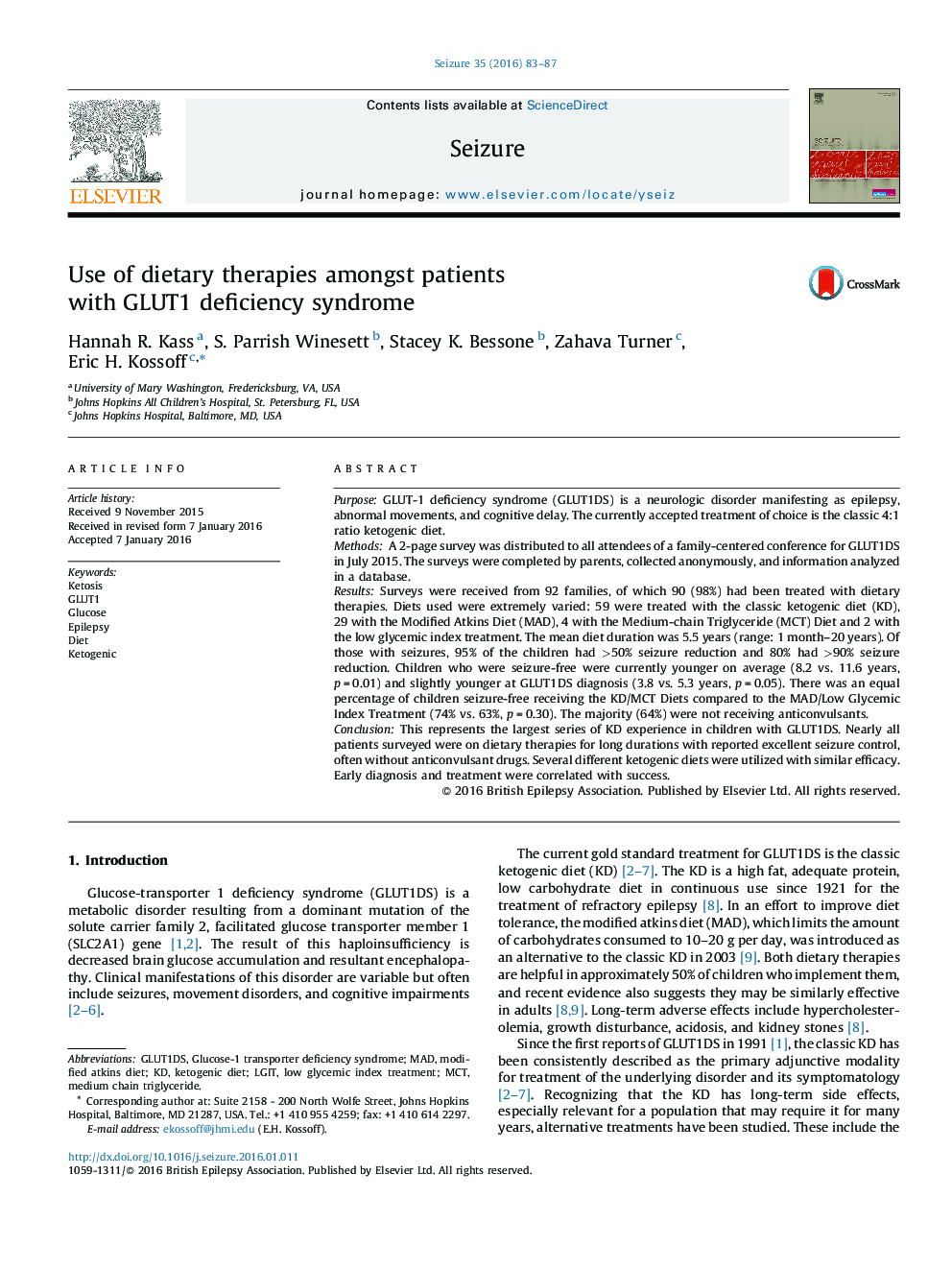 Use of dietary therapies amongst patients with GLUT1 deficiency syndrome