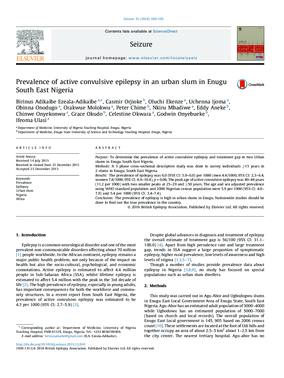 Prevalence of active convulsive epilepsy in an urban slum in Enugu South East Nigeria