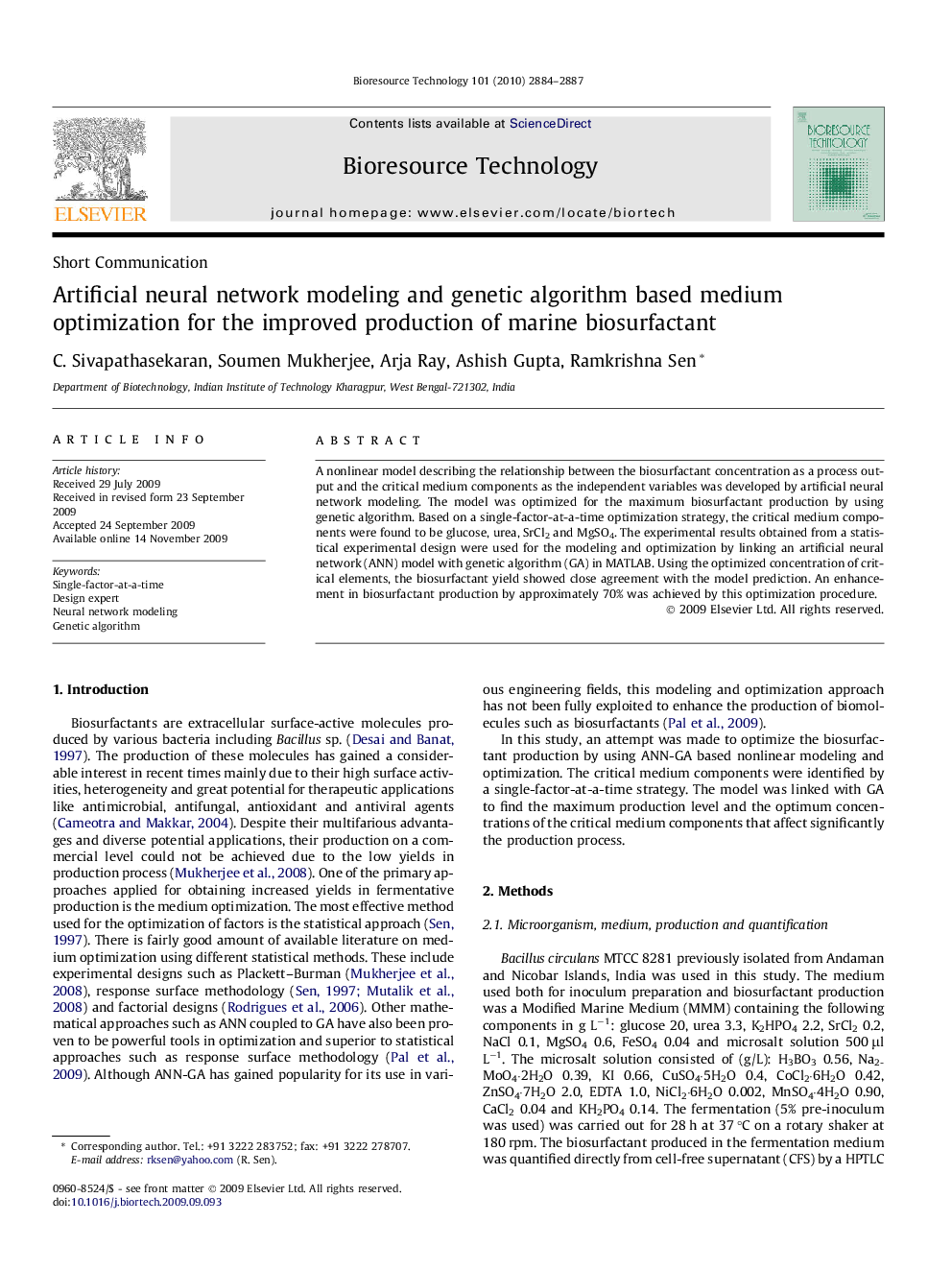 Artificial neural network modeling and genetic algorithm based medium optimization for the improved production of marine biosurfactant