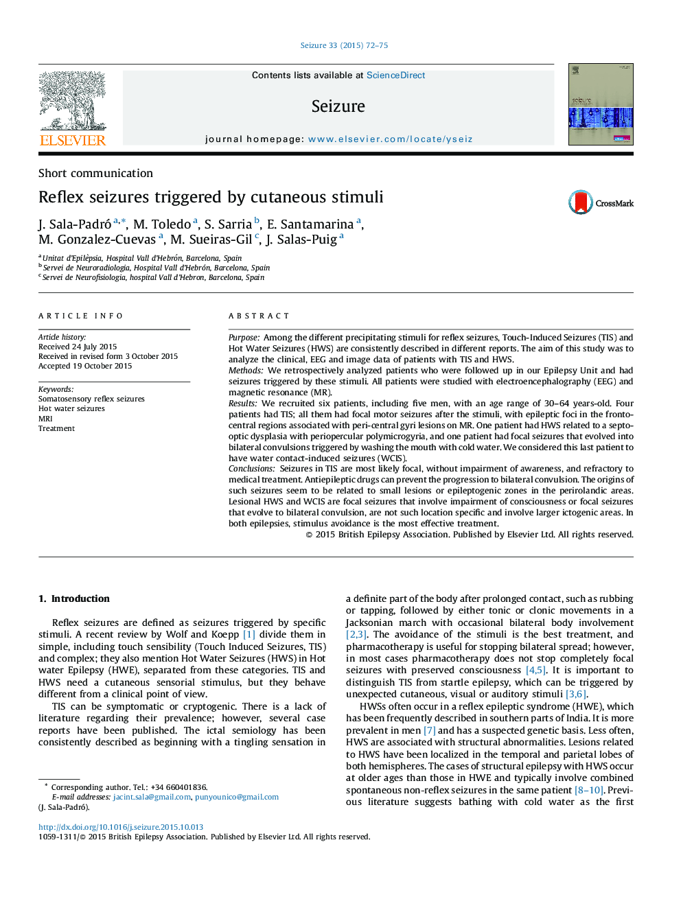 Reflex seizures triggered by cutaneous stimuli